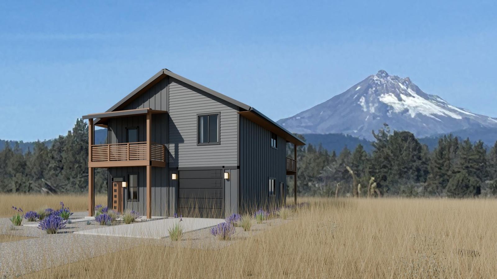 Rendering of the planned two-story off-grid home in dry grassland with a snow-capped mountain behind it